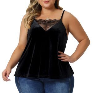 Velvet Camisole Plus Size Adjustable Strap Lace Sleeveless Cami Tank Tops Black